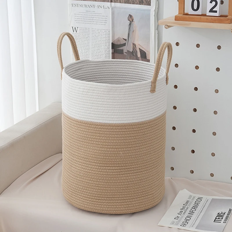Hot sell custom durable round home organizer strong cotton rope basket hamper with handle