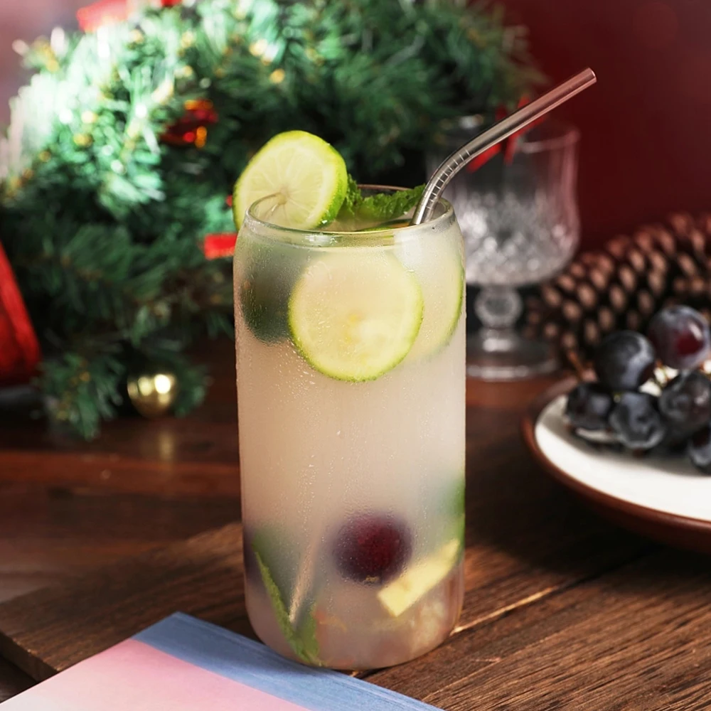 16oz New Arrival Hot Sale High Borosilicate Glass Drinking Beer Can with Bamboo Lid with Straw