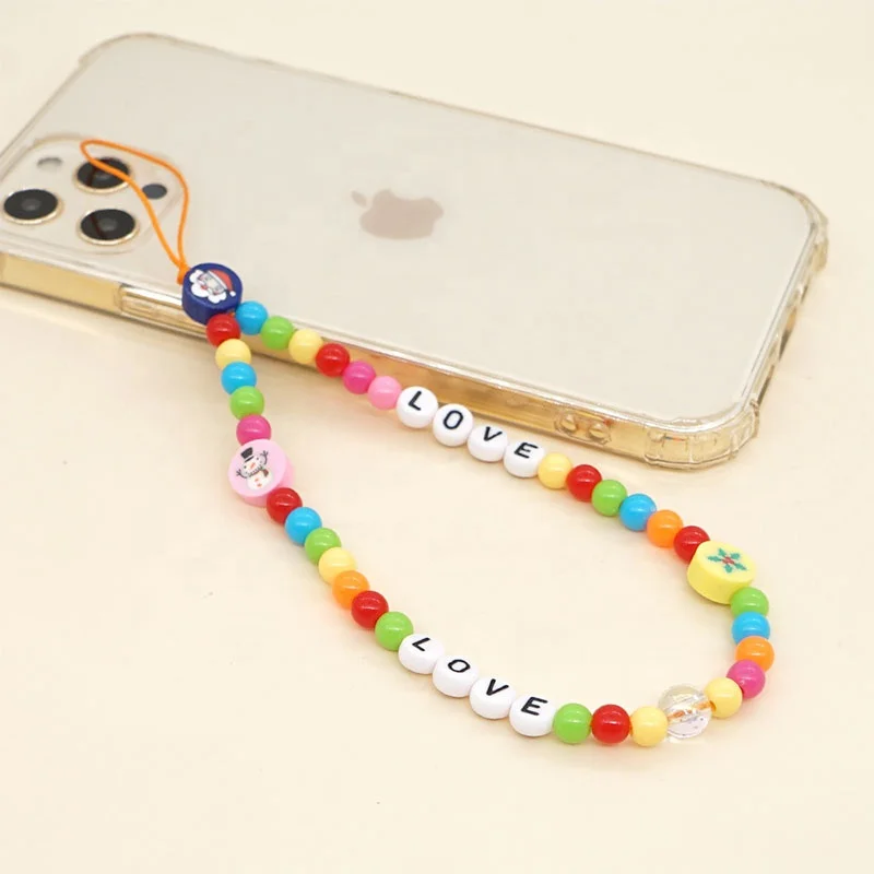 2021 Wholesale Christmas Colored Resin Soft Pottery Christmas Snowman Beaded Mobile Phone Chain For Girl