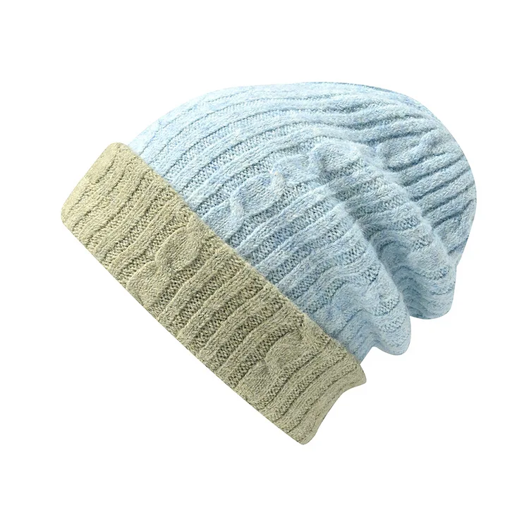 Wool Blended Acrylic Twist Colors Women Two Tone Cable Knit Winter Slouchy Beanie Hats Soft Chunky Ribbed Bonnet Knitted Hats