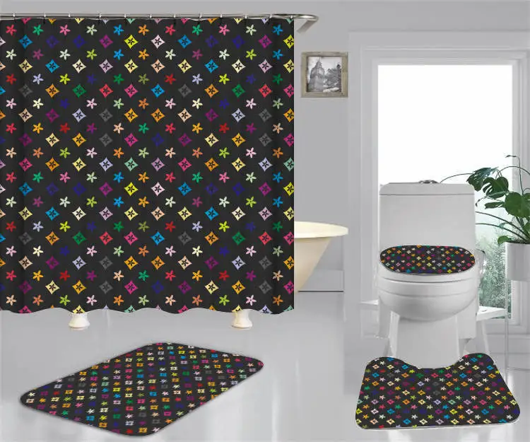 
3D Digital Print Fashion Logo Luxury Bathroom Sets Famous Name Brand Shower Curtain with Mats 