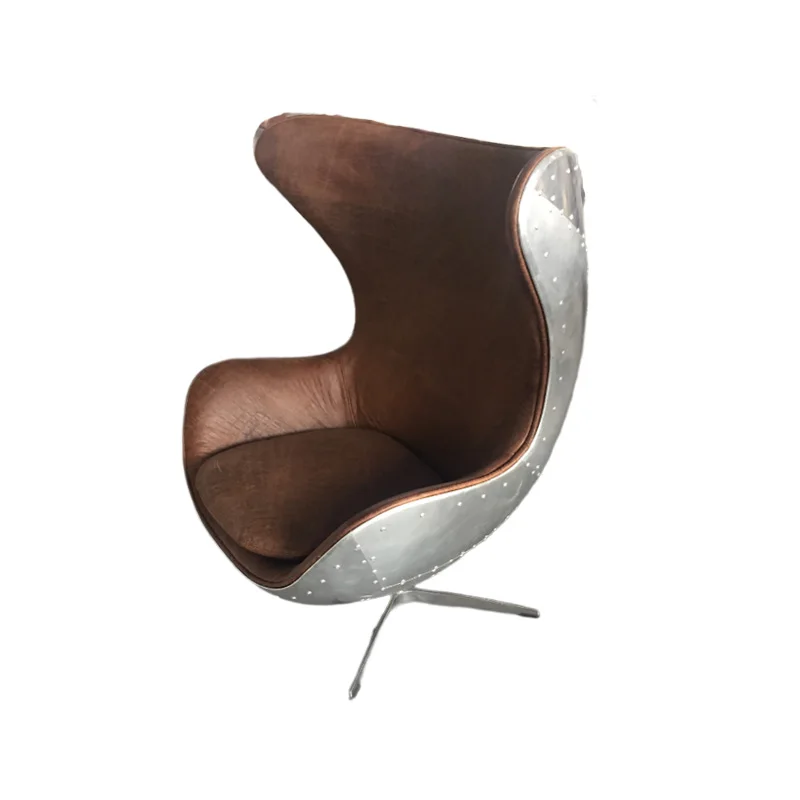 Industrial Vintage Aluminum Back aviator Egg shaped Retro Accent chair Vintage Swivel office chair Antique Leather lobby Chair