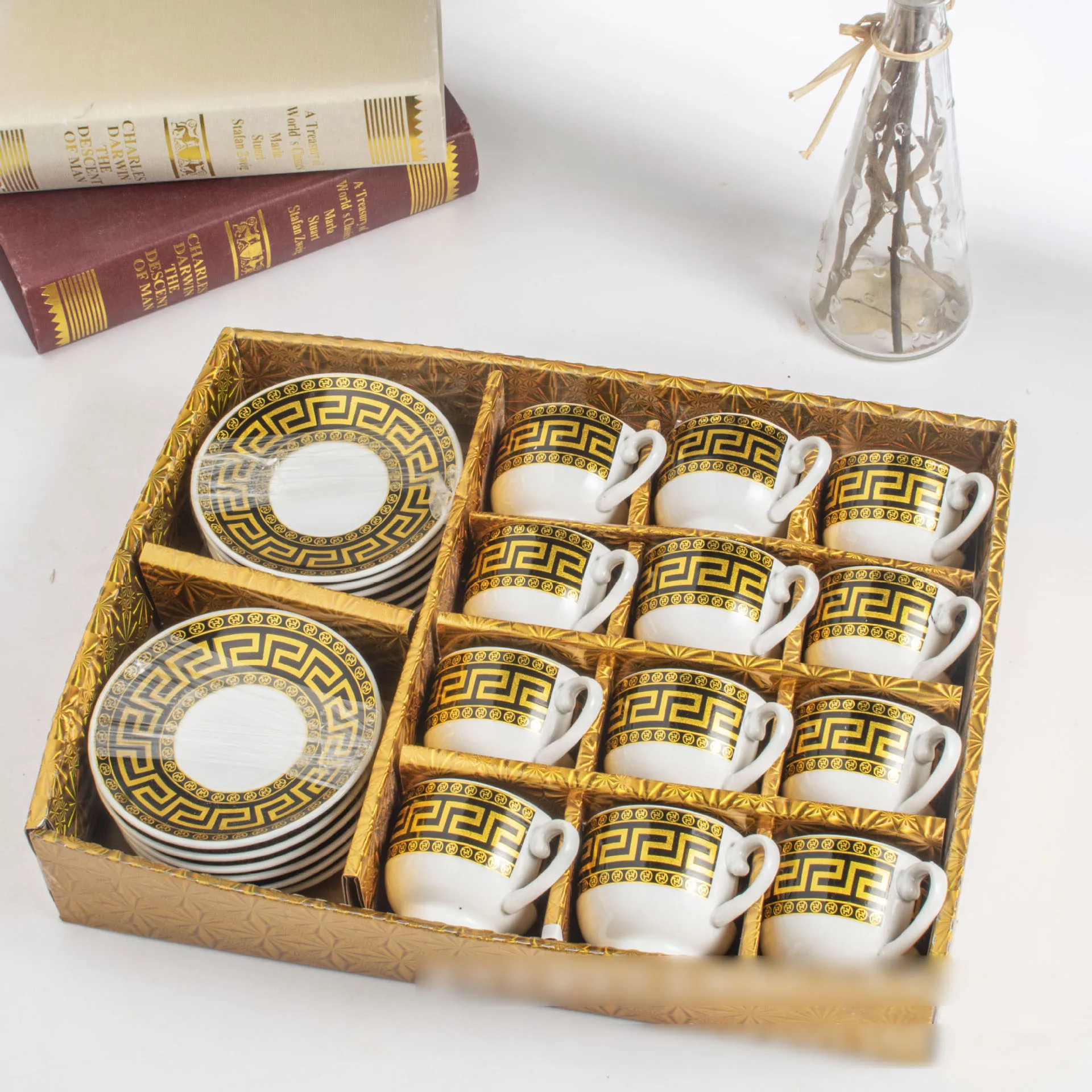 arabic ceramic creative water mugs European  coffee table set modern cup gift box set of 6 tea coffee cup and saucer set