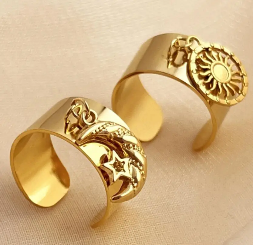 New Trendy Weather Sun Moon Star Charm Rings Open 18k Gold Ring Non Tarnish Waterproof Fashion Stainless Steel Jewelry Gift