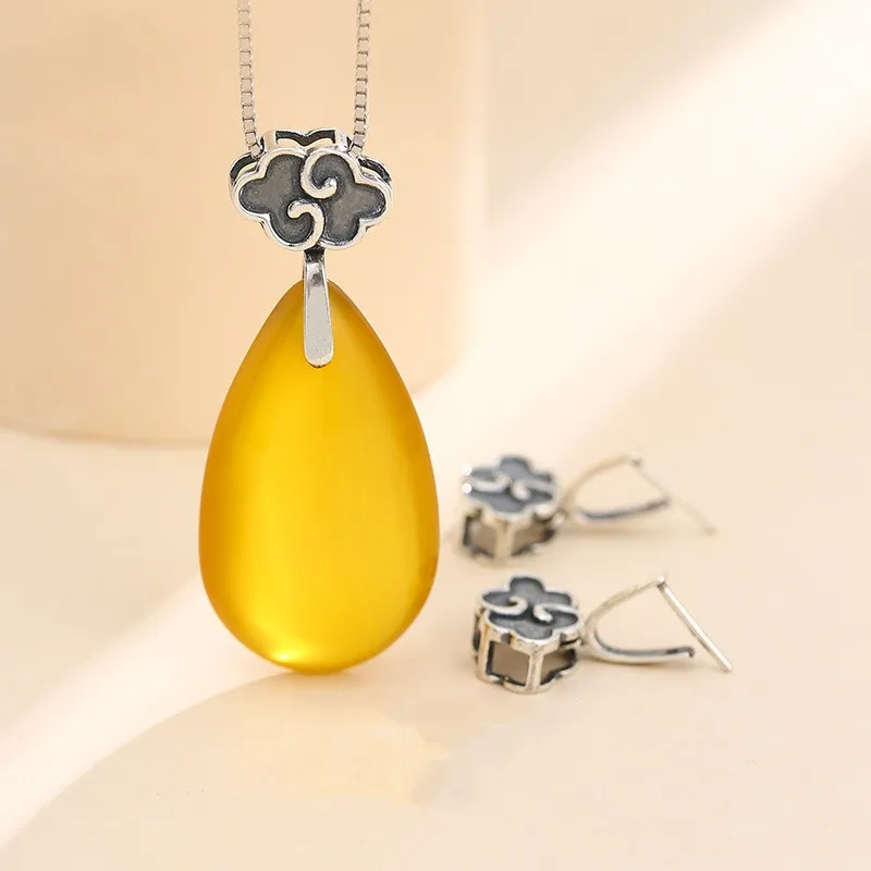S925 Sterling Silver Auspicious Cloud Pendant Buckle Accessories Inlaid Beeswax Jade Empty Holder DIY Jewelry Making Supplies