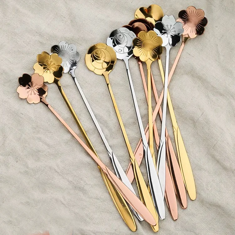 Flower Shape Tea Stirring Spoon Stainless Steel Long Handle Rose Gold Dessert Coffee Spoon