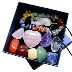 Natural Stone Crystal Jade Seven Chakra Combination Set Pink Crystal Love Hexagon Column Pendant Chakra Gift Box