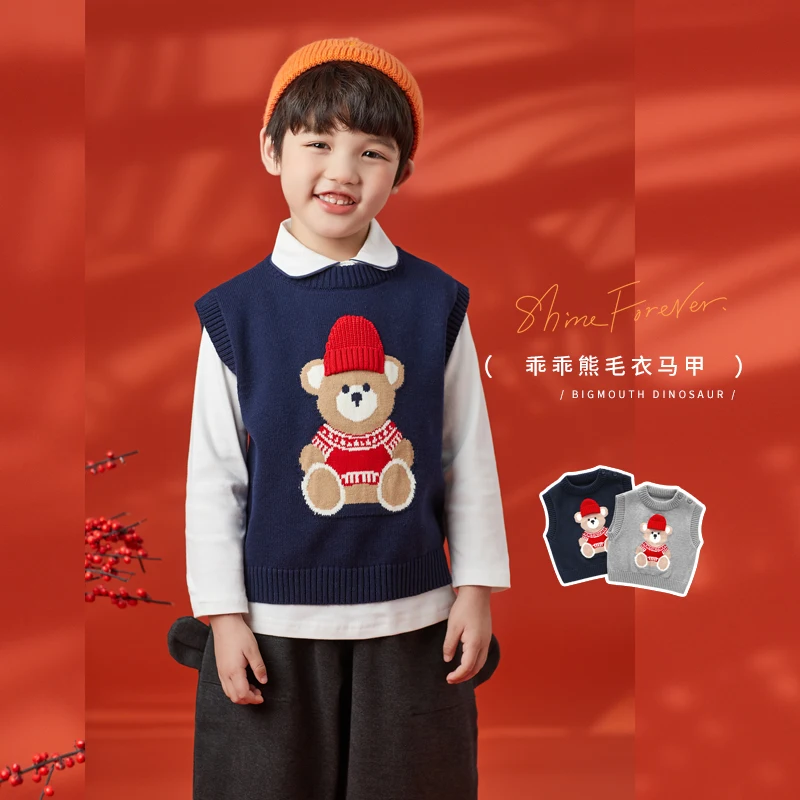 British style Classic school kids clothing sweater designs for children baby knitted vest bear Embroidery Knit Tops