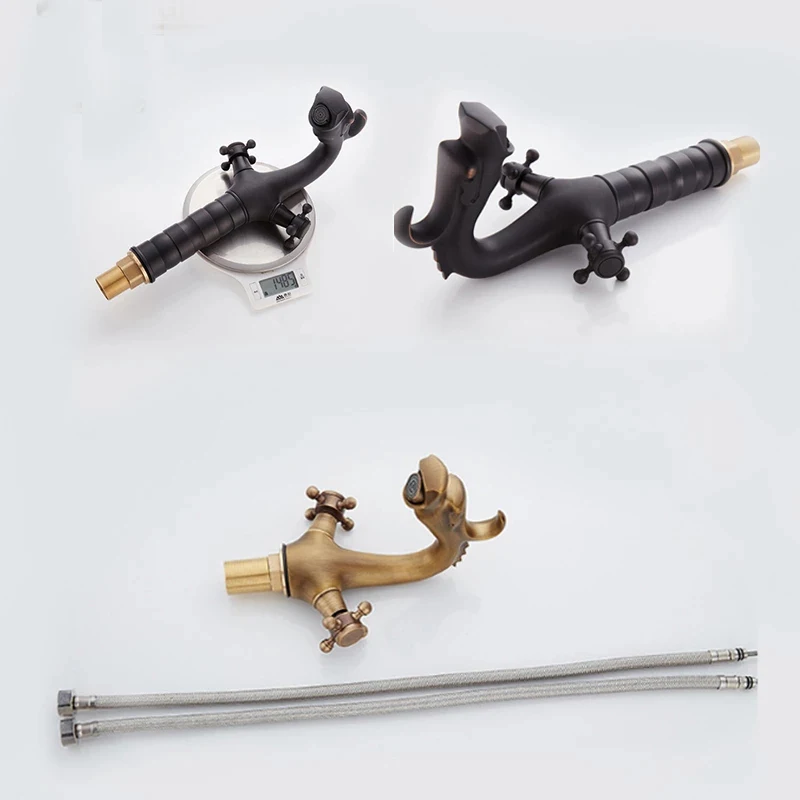 Dragon Carved Basin Faucet Antique Bronze Bathroom Vessel Sink Faucet Dual Handle Bathroom Mixer Tap Luxury Washbasin Faucet