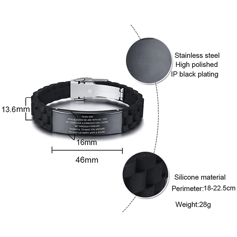 Custom Name Engraved Dad Wristband Fathers Day Jewelry Gift Men Blue Black Stainless Steel Silicone Leather Bracelet