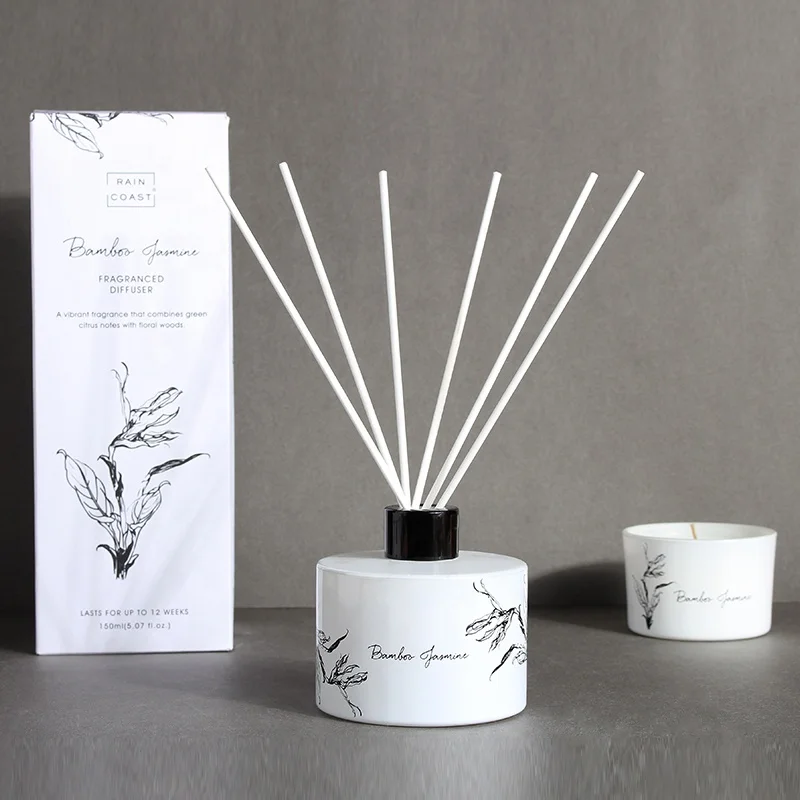 RAINCOAST OEM 150ML Reed Diffuser Bamboo and Jasmine Diffuser with White Bottle and Natural Reeds