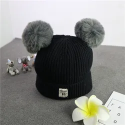 autumn winter kids pompom beanie hat baby winter cap with double ball marks 15 warm knit hat