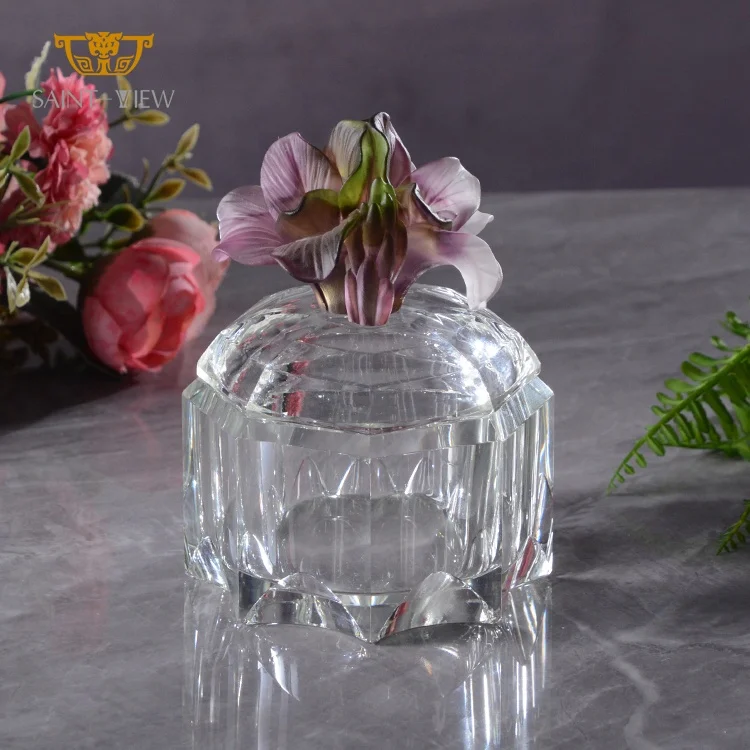 Glass Sandalwood Container Flower Lid Jewelry Sundries Box Clear Crystal 2024 New Creation Instagram Novelty Glass Jar