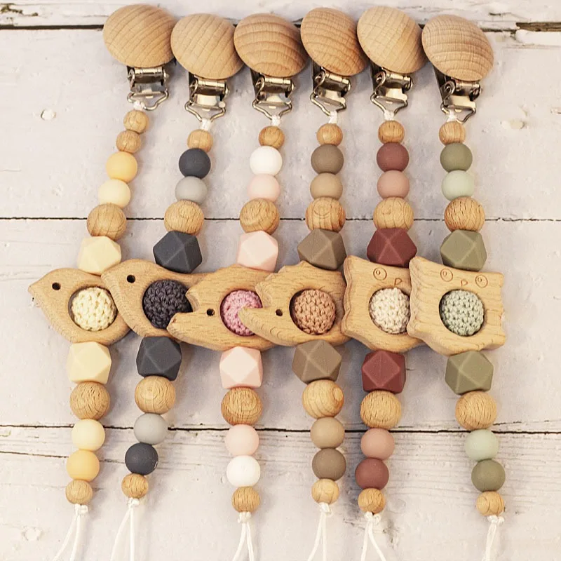 High Quality Beads Teether Baby Chew Rainbow Silicone Beads Chewable Wooden Silicone Dummy Pacifier Clip For Baby Toys