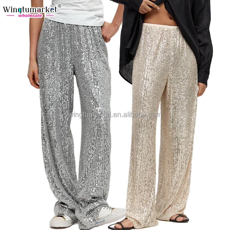 Wholesale fashion sequin loose trousers wide leg custom baggy sweatpants shinny casual high waist glitter sparkly women pants