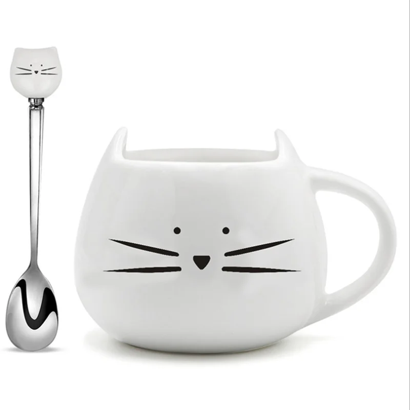 UCHOME Creative Gift Cartoon Black And White Ceramic Cat Mug With Funny Cat Spoon 12 oz Ceramic Tea Coffee Mug Cup