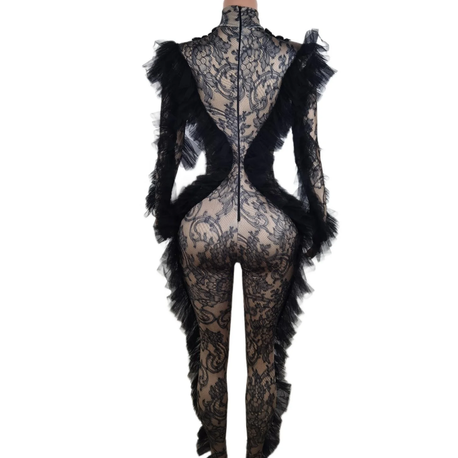 2023 Long Sleeves Black Lace Print Ruffles Bodysuits Photoshoot Exotic Dancer Clothes Women Party Rompers Rhinestone Jumpsuit