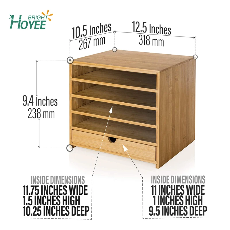 Wholesale Bamboo Four Cubby Paper Letter Tray Organizer with Drawer