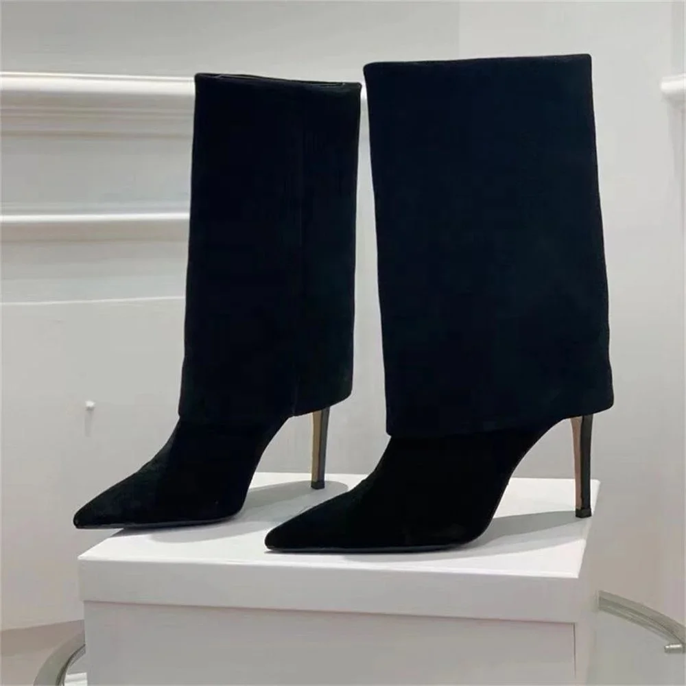 Winter Pointed Toe Slip On Ankle Boots Ladies Turned-Over Edge Suede Short Booties Women Stiletto High Heel Shoes