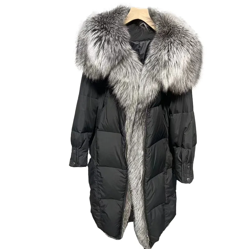Wholesale High Quality Genuine Big Fox Fur Collar Luxury Long Goose Down Coat for Women