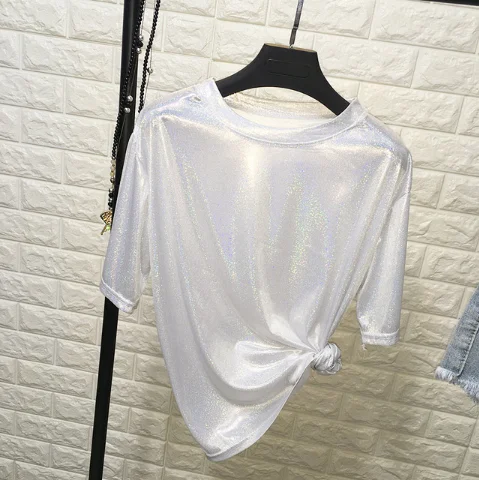 
low MOQ plain women glitter t shirt fashion for sale 