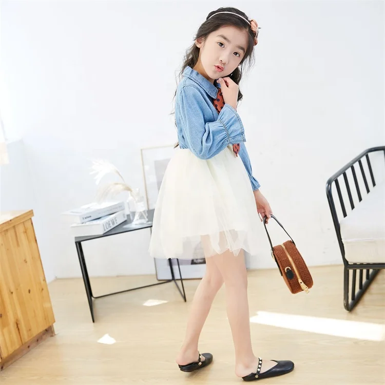 Toddler Girls White Gauze Dress Spring Princess Tutu Dress with Polka Dot Belt Long Sleeve Denim Dress With Mesh For Kids