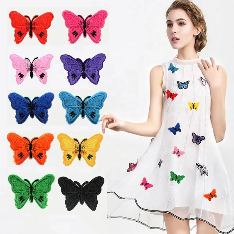 Factory Custom patch alibabass high quality iron on or sewing butterfly embroidered patches for woman skirt