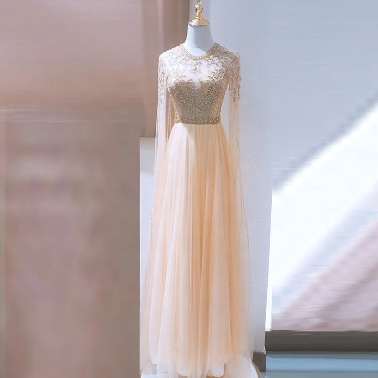 Wedding Dresses Bridal Gown Long Sleeve Lace Women Fashion  Milky yellow bare transcolored hand-stitched bead drill modern