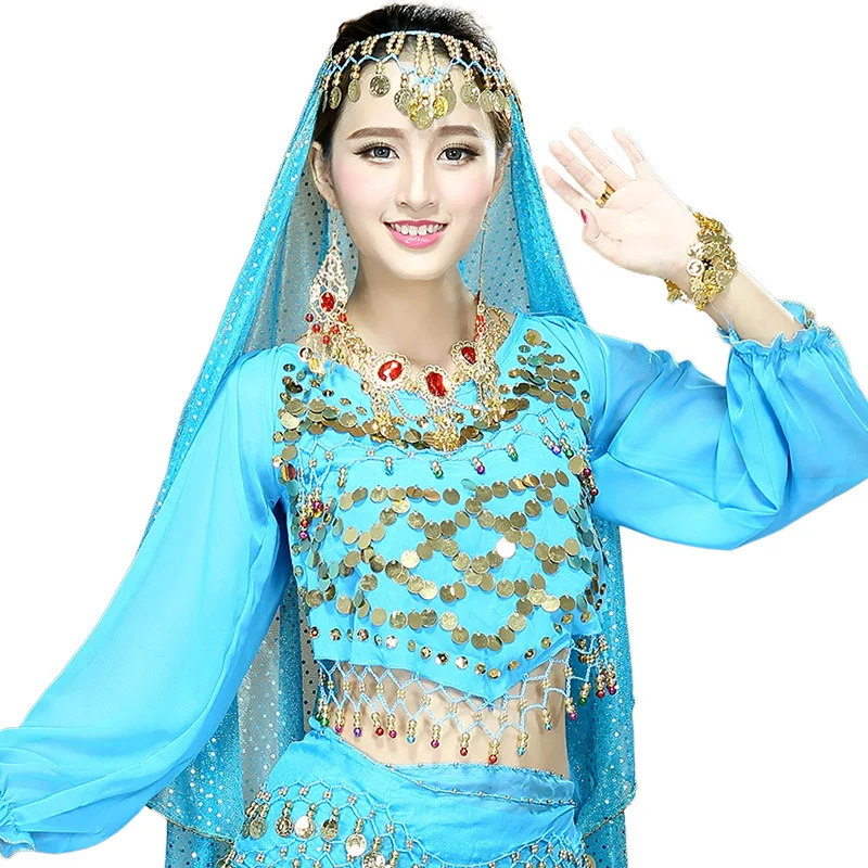 Long Sleeve Chiffon Crocheted Gold Sequins Blouses Top for Adult Lady belly dancing Performance Costumes