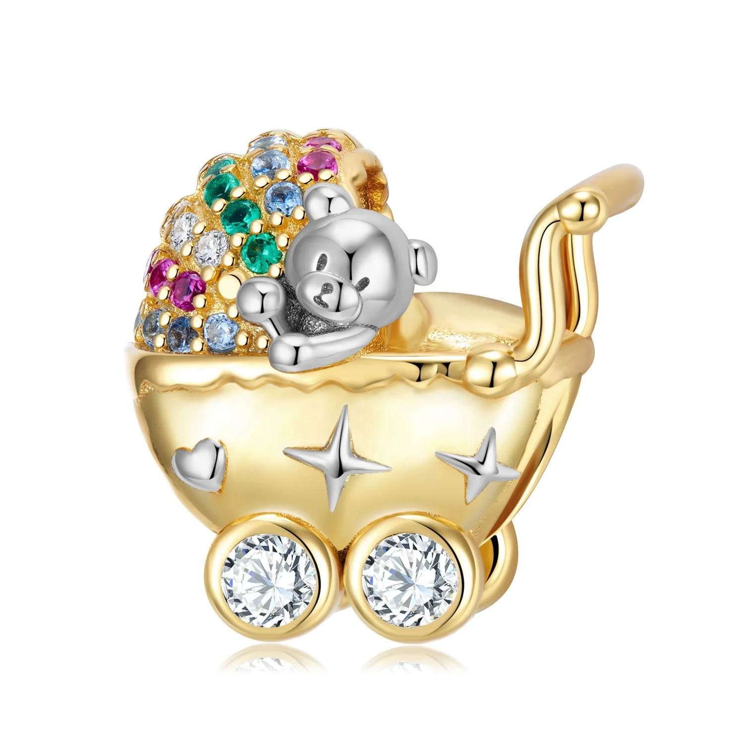 Cute Bear Baby Stroller Charm Real 925 Sterling Silver beads with Colorful Zircon for Women Jewelry Charm Bracelet Gold Plated
