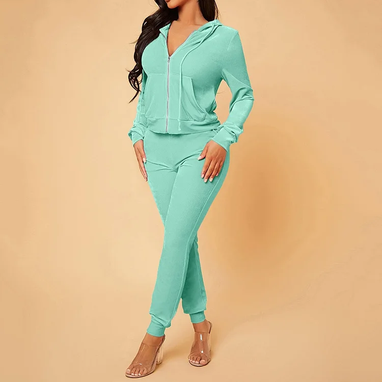 Custom Fashion Womens Velour Tracksuits Two Piece Set Zip Up Drawstring Hooded Velvet Jacket & Sweatpants