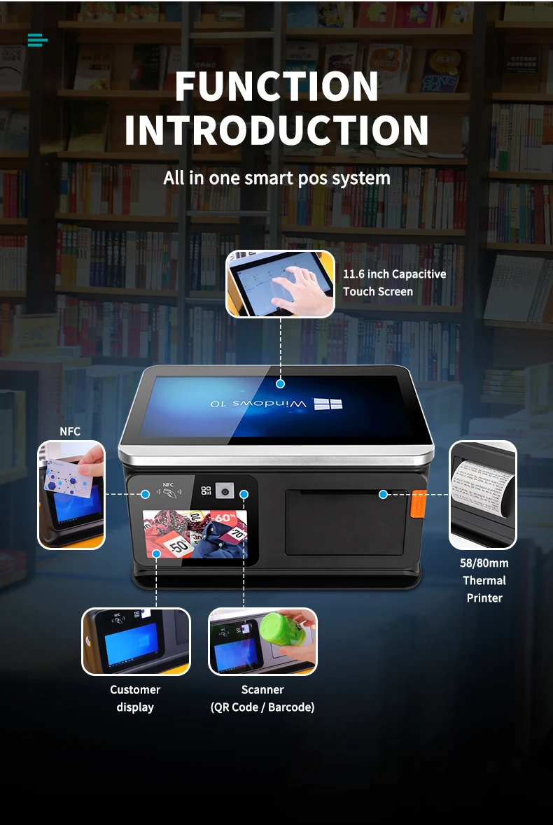 FYJ F1S Win 10 Android Wifi Cash Register Desktop 11.6' All in One Pos Printer Payment Tablet Smart Android Pos Terminal