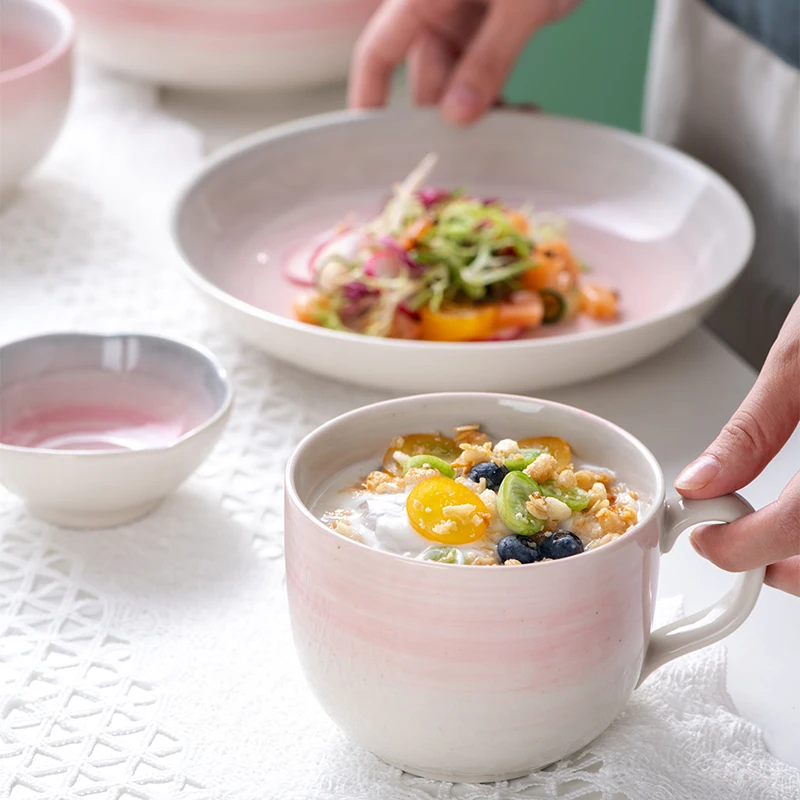 Elegant Blue&Pink Underglaze Porcelain Reactive Glaze Stoneware with Dessert Plate Cup&mup Bowl Tableware Ceramic Dinnerware Set