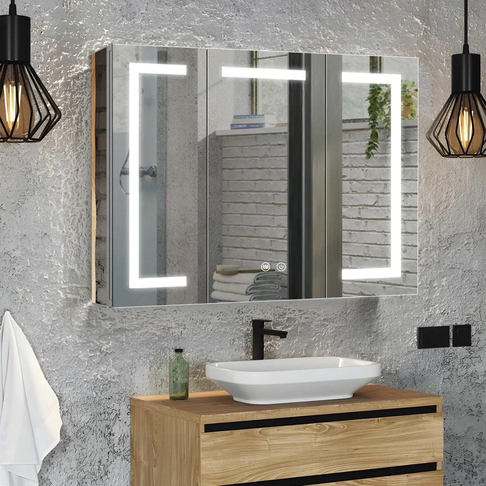 Popular industrial bathroom mirror cabinet with LED light multi function