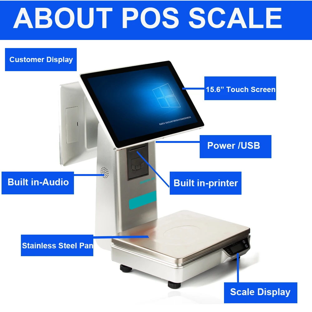 Dual-Screen All In one Touch Retail PC POS Cash Register Scale Android Weighing Scales with Label Printer