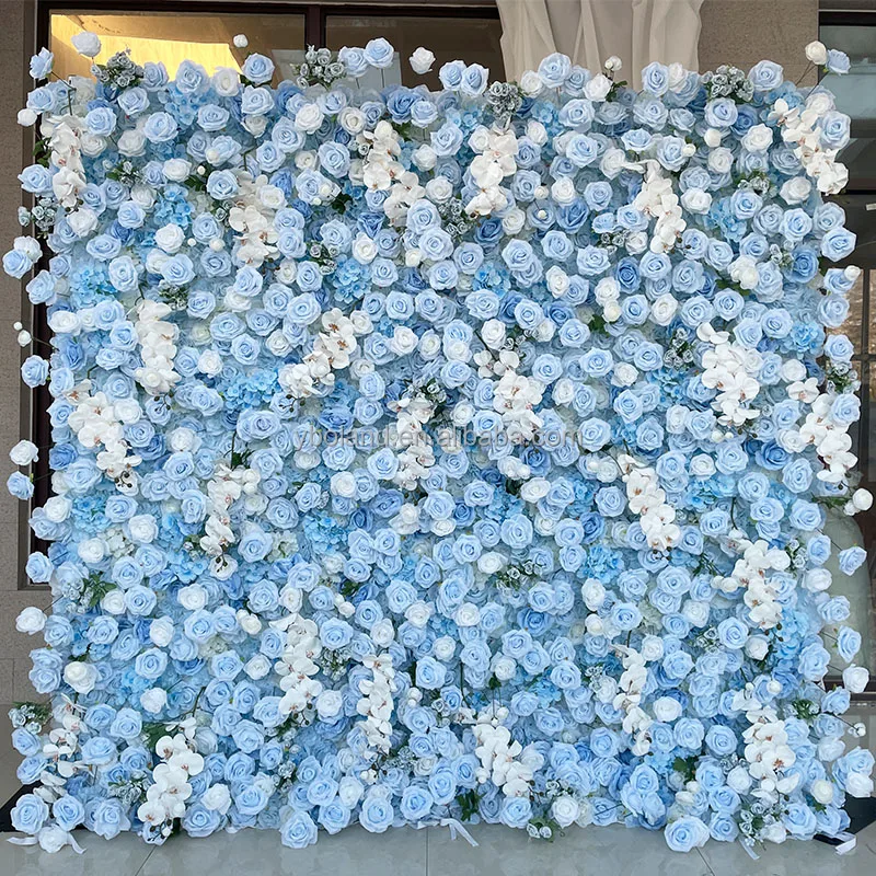 L-BBFW Custom artificial silk roll up cloth base floral wedding decor flowers walls navy royal light blue rose flower wall
