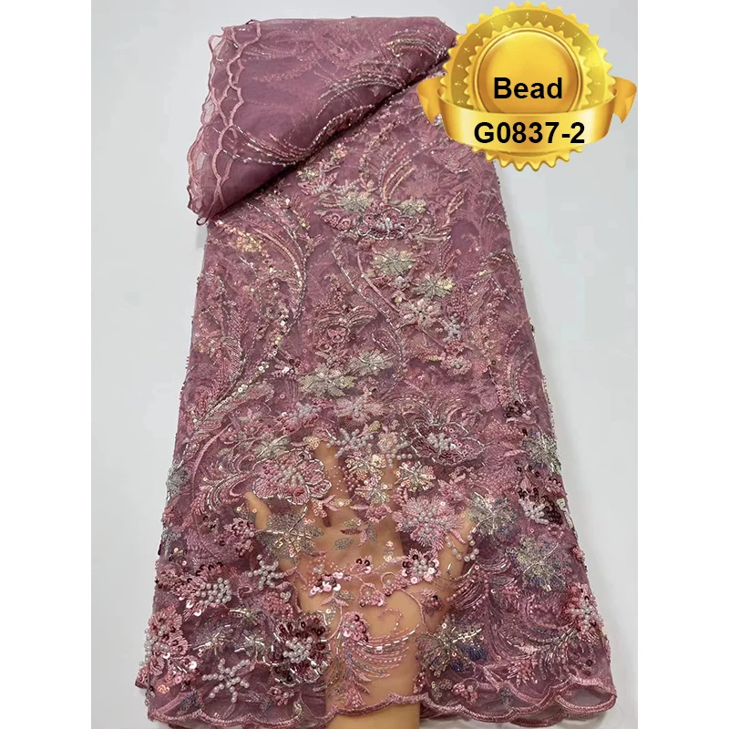 Guangzhou best quality lady dress machine beads 100% polyester french sequin lace fabric embroidery