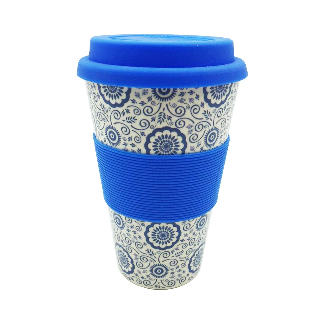 Биоразлагаемая многоразовая кофейная чашка из бамбукового волокна, оптовая продажа, 16 унций, 15 унций, 450 мл с силиконовой крышкой и рукавом