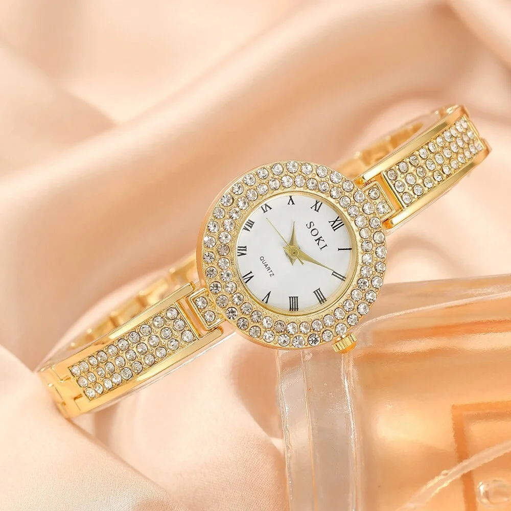 NW1406  5pcs Ladies Watch Jewelry Set Fashion Round Women Watch Rhinestone Necklace Earrings Ring Set