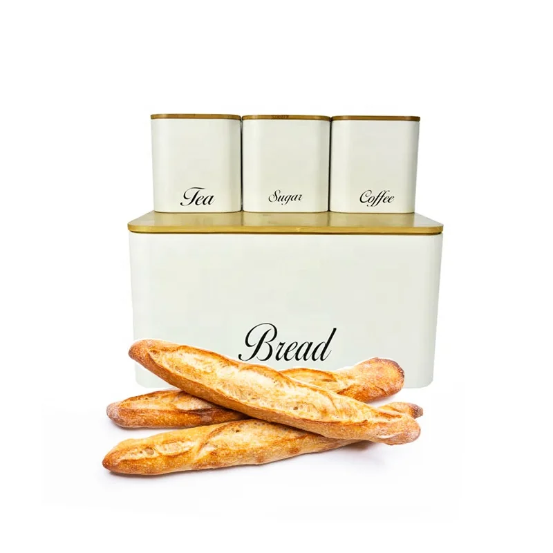 Food Safe Vintage Farmhouse Kitchen Countertop Storage Metal Bread Bin Tea Coffee Sugar Canister Set Bamboo Lid White Bread Box