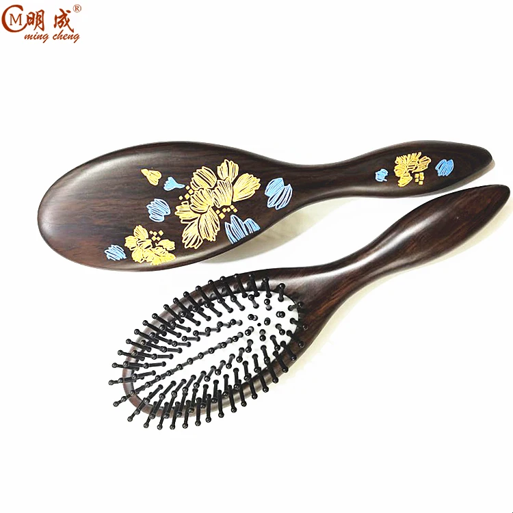 Antique luxury ebony airbag  health care massage carvings handle hair brush with custom private label