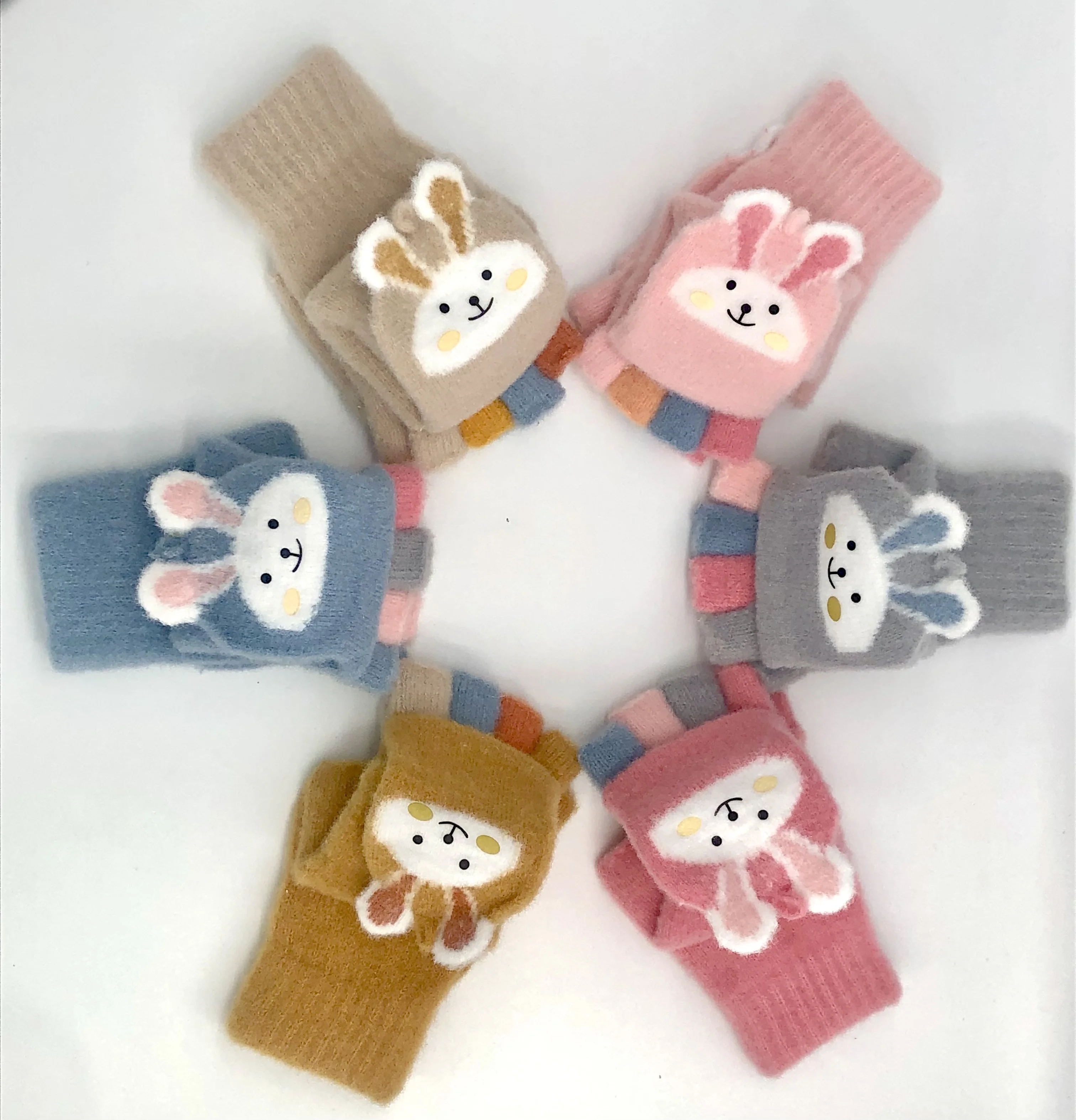 Factory Directly sale Half fingers with cap warm gloves ,cute rabbit jacquard gloves Low price Wholesale kids winter gloves