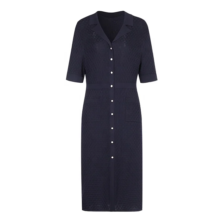 Knitwear manufacturer custom turn-down collar button short sleeved maxi women luxury knitted dress