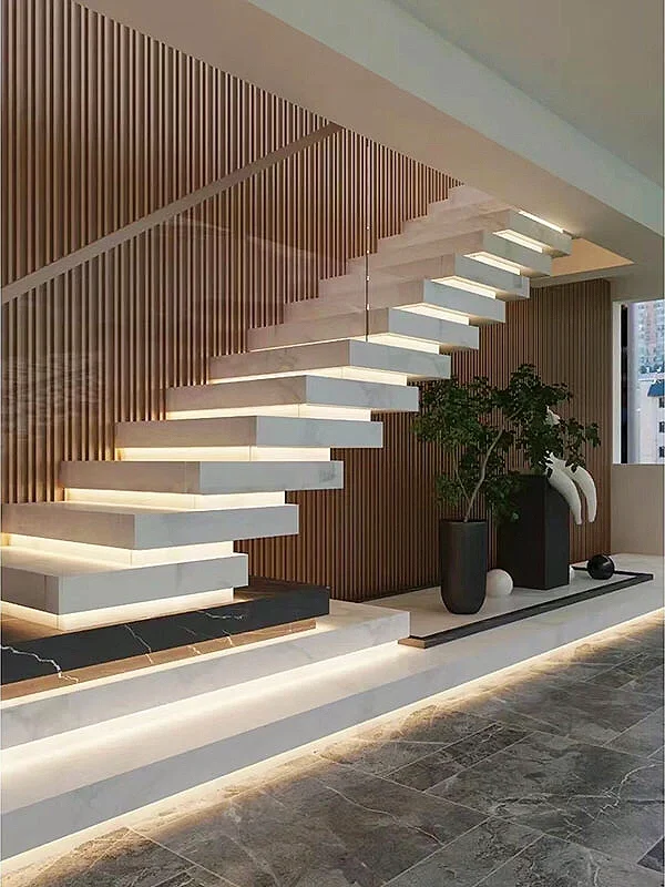 ECT 2023 Indoor Modern Design Wood Tread with lights Floating Staircase