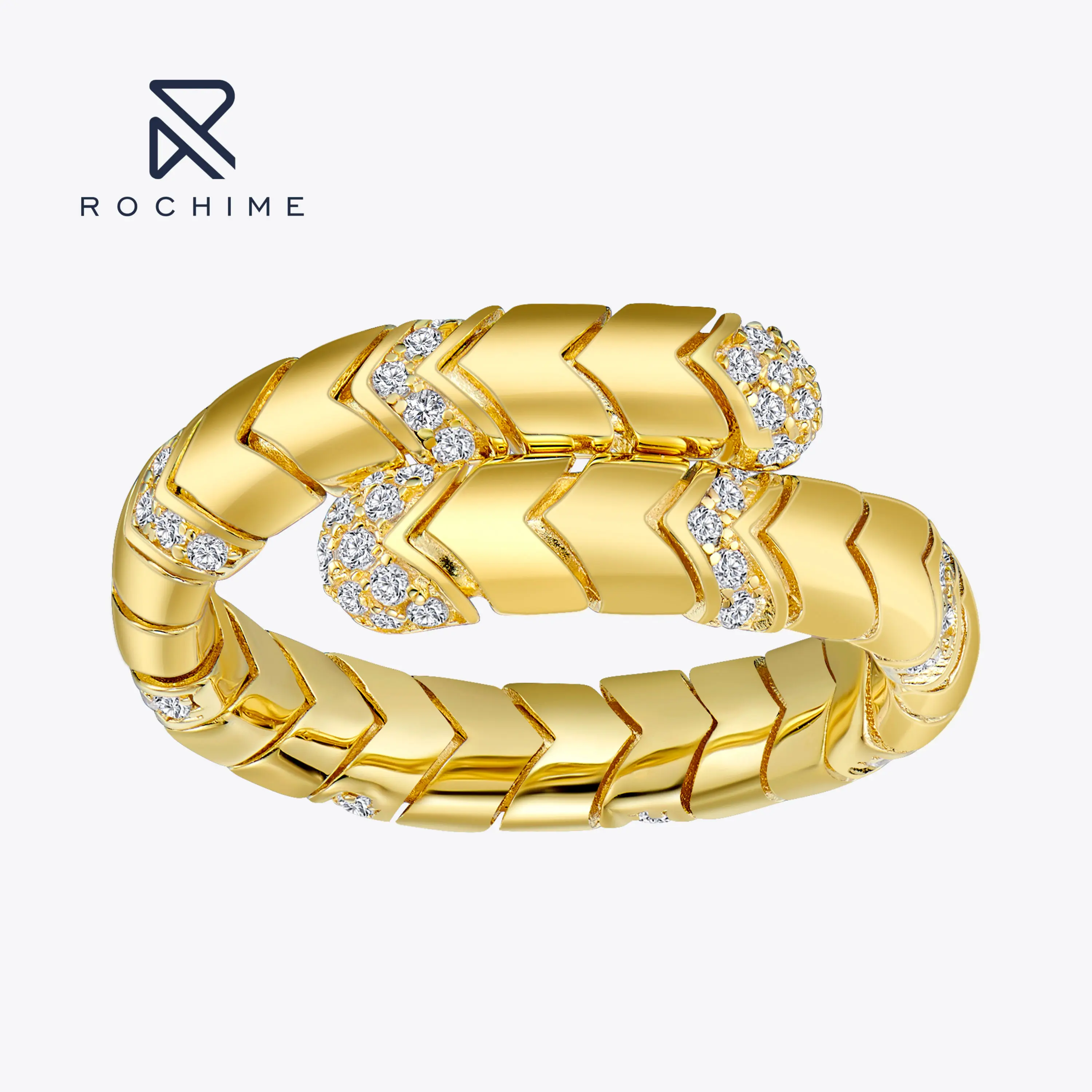 Rochime  vintage  double Spiral  snake ring  yellow gold plated open ring luxury fine jewelry for female