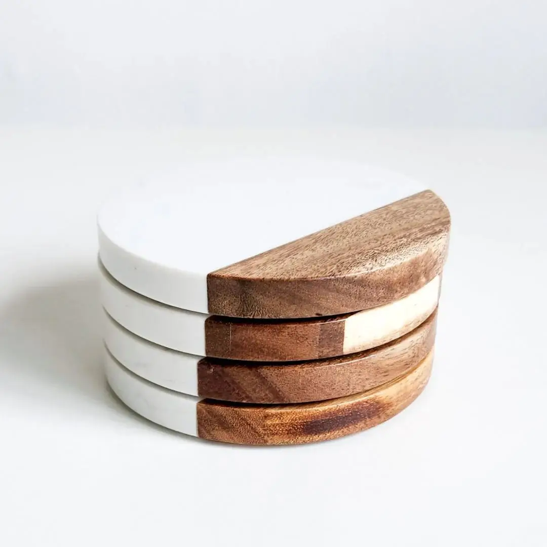 Natural Solid Polished Marble Acacia Wood Coasters with Matching Bamboo Holder For Restaurant