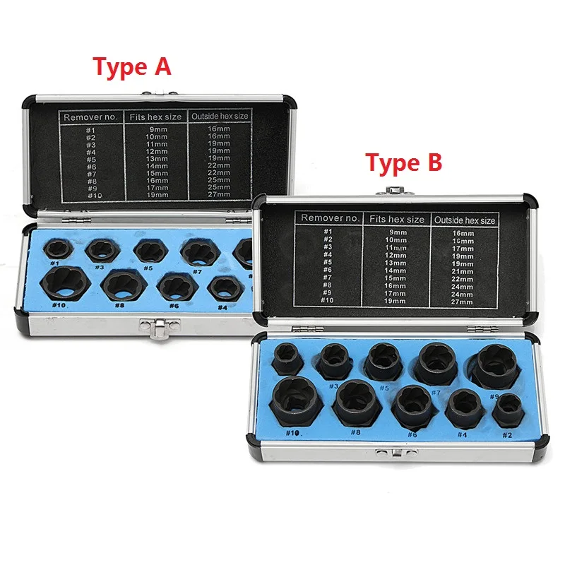 10Pcs Damaged Bolt Nut Screw Remover Extractor Removal Set Nut Removal Socket Tool Threading Hand Tools Kit With Box