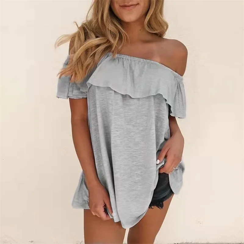 Summer Elegant Splice Sweet Clothes Fashion White Tops Solid Ruffle Casual Tee Shirt Sexy Slash Neck Plus Size T-shirt for Women