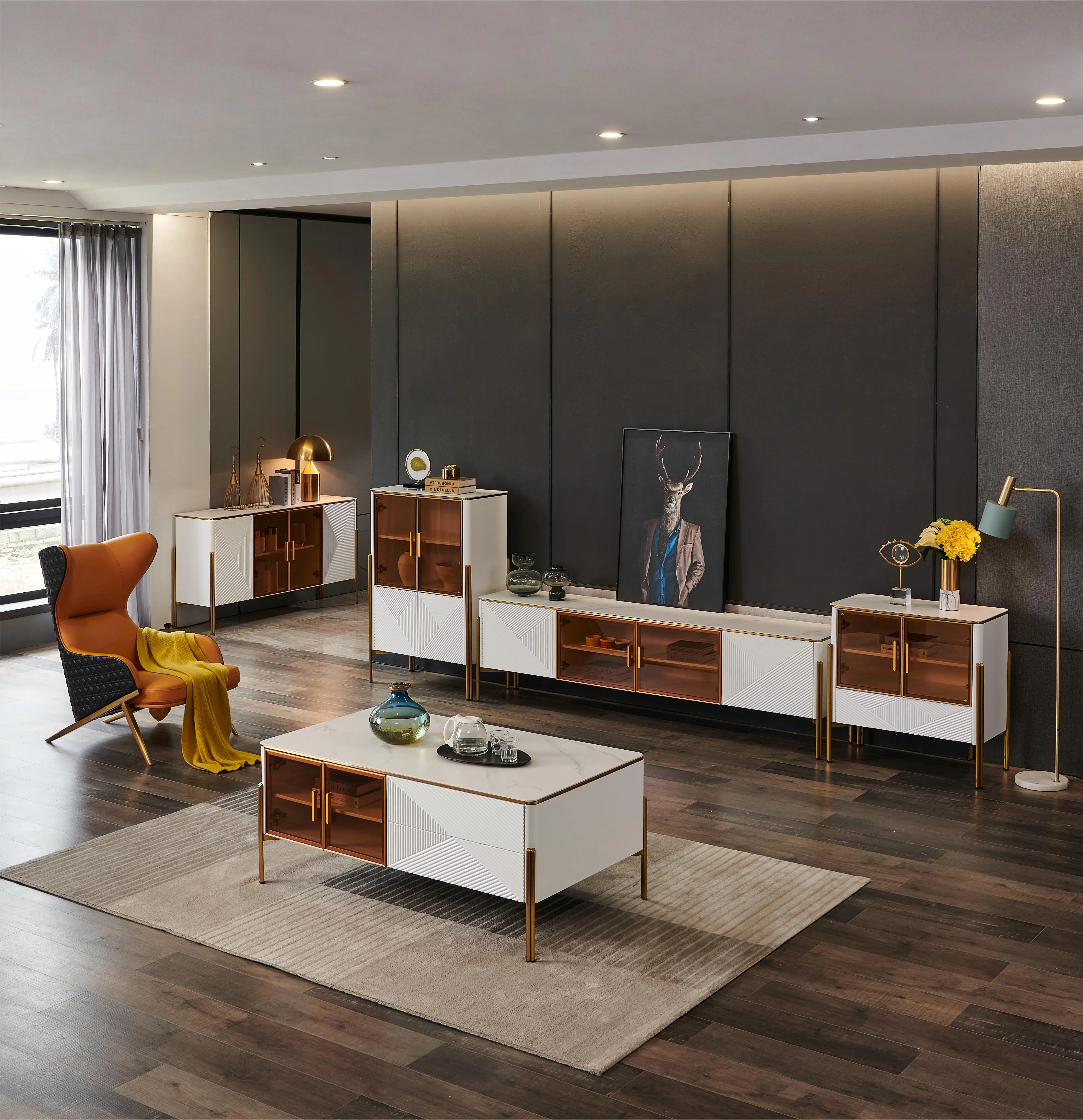 ply wood nordic modern style glass tv console cabinet