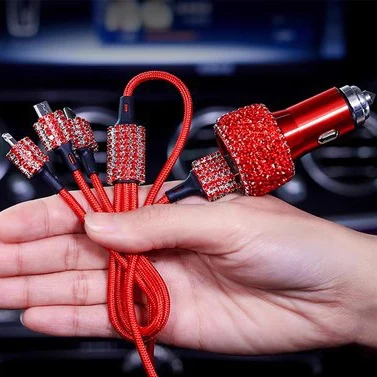 Crystal Diamond Rhinestones Auto Car Household Mobile Phone 1 to 3 USB C 3 in 1 Data Cable Line Quick Fast Charging Accessories